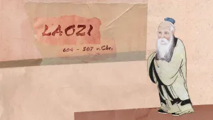 Illustratie van Laozi met een illustratie van hem met een tekst erbij: 'Laozi, 604 - 507 v. Chr.'
