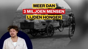 Zwartwitbeeld van mensen op hongertocht in de Tweede Wereldoorlog met de tekst 'meer dan 3 miljoen mensen lijden honger'.