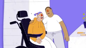 Illustratie van meisje met spierziekte in rolstoel, jongen slaat zijn arm om haar schouder.