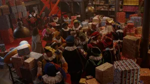 Sinterklaas, de Pieten en Merel vieren feest in het Pakjesruim.