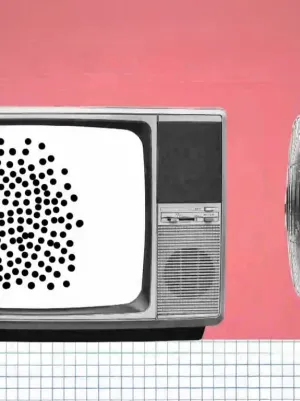 Illustreatie van ouderwetse televisie met zwarte stippen die uit beeld waaien door een ventilator die er vanaf rechts heen waait.