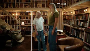 Twee meiden staan in een bibliotheek. Er staan lengtematen naast hun lichaam.