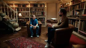 Twee mannen zitten op stoelen in een bibliotheek.