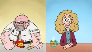 Illustratie van leraar die booskijkt met een koffiemok voor zich waarop staat 'macht' en een vrolijke lerares met een kop thee waarop staat 'gezag'.