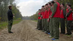 Een training van de krijgsmacht, links staat de trainer, rechts de leerlingen met een rood hesje over hun camouflagepak.