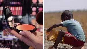 Een split-screen foto met links een hand die make-up vasthoudt en rechts een kind dat iets lijkt te zeven in een grote gele bak.