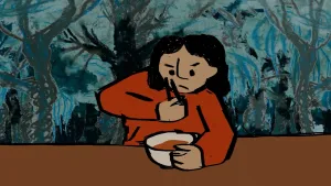 Illustratie van persoon die worstelt met eetstokjes, voor haar op tafel staat een kom met iets wat op rode soep lijkt.