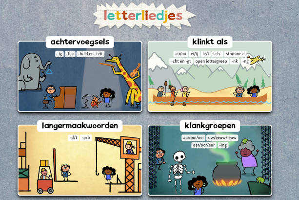 Screenshot van Letterliedjes oefenspel, verdeeld in vier categorieen met vier verschillende illustraties: linksboven dieren die muziek maken, rechtsboven kinderen en juf in een kano, linksonder een bouwplaats, rechtsonder een heksenketel met groene walm.