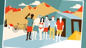 Een tekening van een foto. Op de foto staan vijf jongens en een meisje. Op de achtergrond hoge bergen. Achter de groep staat een racefiets, een bungalowtent en een klein tentje.