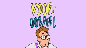 Illustratie van man met bril die geschrokken kijkt, boven hem verschijnt het woord vooroordeel.