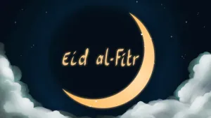 Illustratie van maansikkel en tekst Eid al-Fitr.