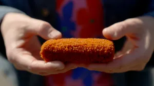 Foto van twee handen die een kroket vasthouden.