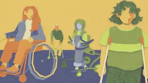 Een illustratie van mensen met spierziekten. Mensen met krukken of in een rolstoel.