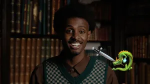 Foto van presentator Anas voor een oude boekenkast met naast hem een emoji van een draak en een emoji van een zwaard.