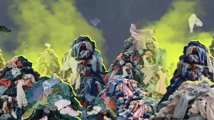 Een illustratie van bergen van kledingstukken.