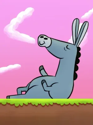 Illustratie van een liggende ezel die met zijn ogen dicht ligt te chillen op het gras met achter hem een roze achtergrond met wolkjes in de vorm van symbolen en tekens.