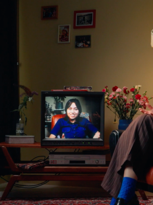 Een vrouw zit in een stoel en kijkt in een camera op de tv die naast haar staat zie je het beeld wat de camera filmt.