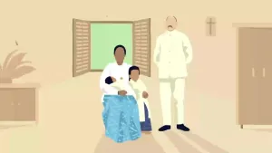 Een illustratie van een gezin met 2 kinderen, de man is Nederlander, de vrouw Javaanse.