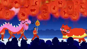 Illustratie van drakendans en leeuwendans met op de voorgrond een heleboel rode lampionnen met daarin de symbolen van de dieren uit de dierenriem.