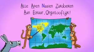 Illustratie van apen met wereldkaart. Een aapje wijst noord-Amerika aan. Boven de kaart staat het ezelsbruggetje 'alle apen naaien zakdoeken aan elkaar, ongelooflijk!'