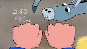 Illustratie van twee vuisten, Ezel wijst een kuiltje aan waarbij de tekst staat '28 of 30 dagen'.