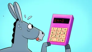 Illustratie van ezel met rekenmachine waarop hij 64 wil delen door nul.