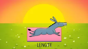 Illustratie van ezel op een roze yogamat. Hij strekt zich met moeite uit, en onder zijn yogamatje staat het woord 'lengte'.