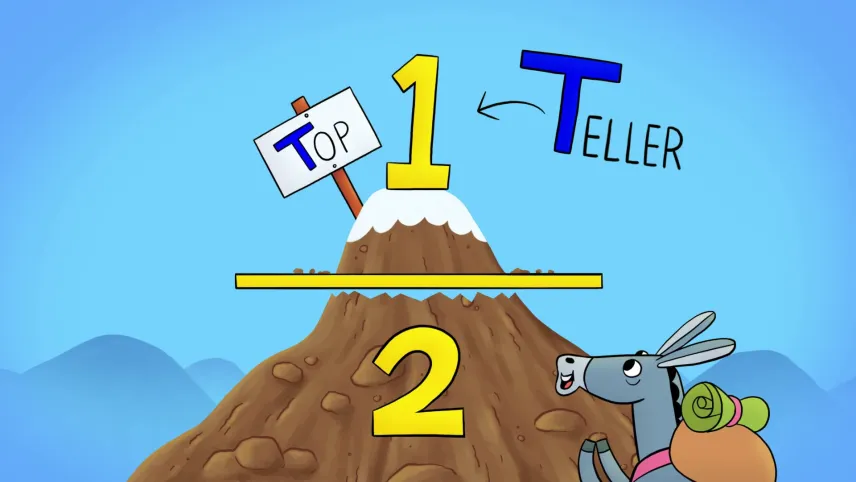 Illustratie van bergtop met het bordje 'top' met daarbij het woord 'teller. Bovenop de top staat het getal 1. Daaronder een breukstreep en daaronder het getal 2. Ezel staat erbij en kijkt ernaar.