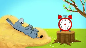 Illustratie van ezel slapend op een berg hooi met naast hem een rode wekker waarop de wijzers zes uur aanwijzen.