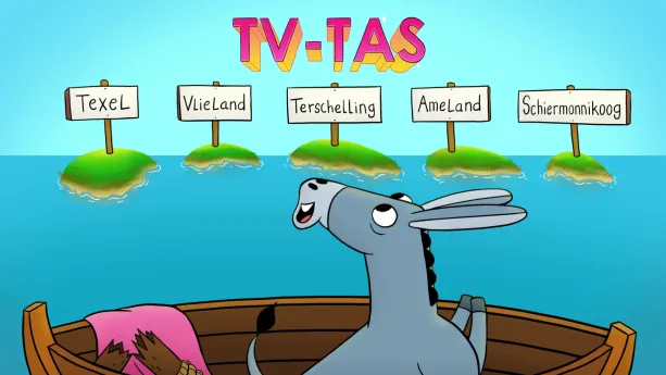 Illustratie van ezel in een bootje met voor hem in het klein de waddeneilanden met op elk eiland een bordje: Texel, Vlieland, Terschelling, Ameland, Schiermonnikoog. En daarboven in het roze 'TV-TAS'.