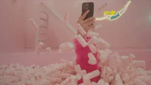 Foto van een bad vol snoepspekjes met een arm die eruit steekt en een telefoon vasthoudt.