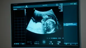 Foto van monitor waarop de echo van een baby in de baarmoeder te zien is. Zwartwitbeeld met rechts het hoofdje en een handje.