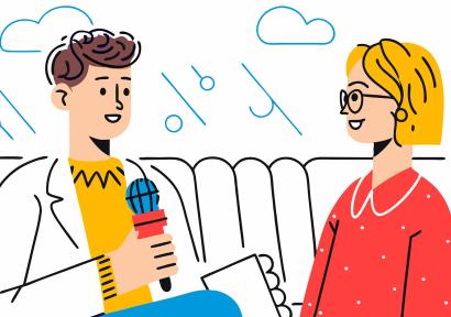 Illustratie van man en vrouw op een bank, de man heeft een microfoon vast en er ligt een notitieboekje op de bank.