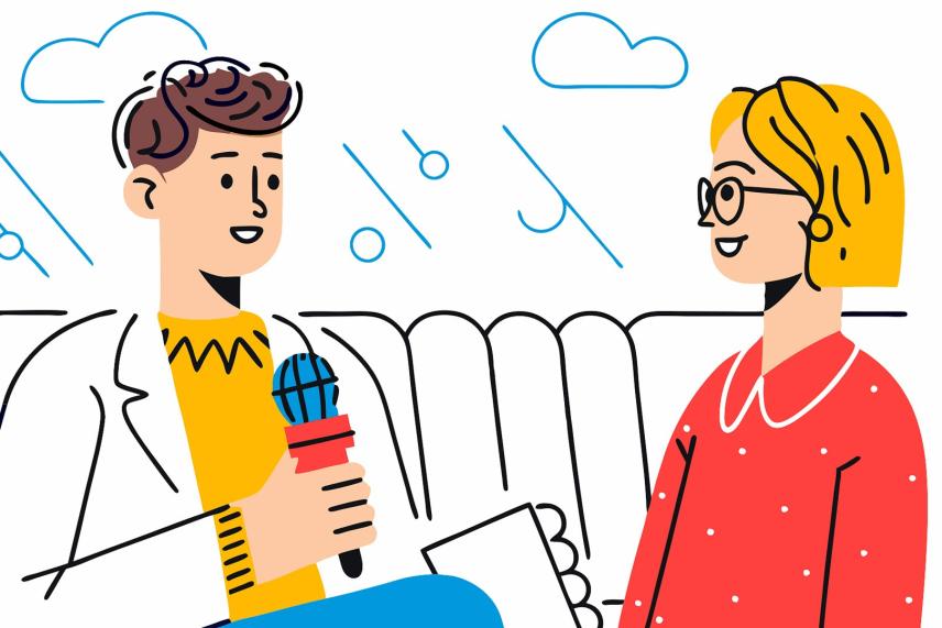 Illustratie van man en vrouw op een bank, de man heeft een microfoon vast en er ligt een notitieboekje op de bank.