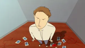 Een illustratie van een man die gefrustreerd opkijkt naar iets aan de muur. Waar hij naar kijkt, valt buiten beeld. Rond zijn voeten liggen polaroid-foto's en een uitgerold klosje rood draad op de grond.