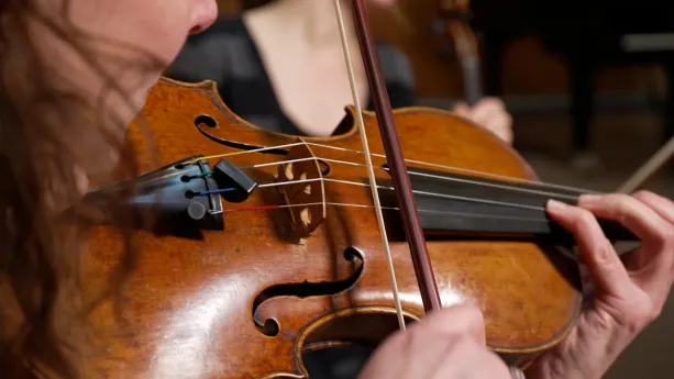 Foto van viool die bespeeld wordt door vrouw met donker haar.