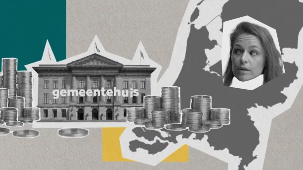 Illustratie van de kaart van Nederland, insert van gemeentehuis en stapels muntgeld, daarnaast het gezicht van presentatrice Sophie die naar het gemeentehuis kijkt.