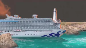 Een illustratie van een cruiseschip dat voor een kust vaart, aan land staat een vuurtoren.