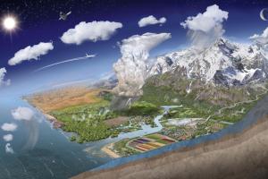 Illustratie van de waterkringloop op aarde, met land, regen die verdampt tot wolken, neerslag, sneeuw, stuwmeren en zee. 