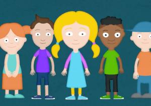 Illustratie van vijf kinderen op een rij, ze lachen