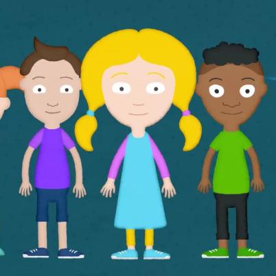 Illustratie van vijf kinderen op een rij, ze lachen