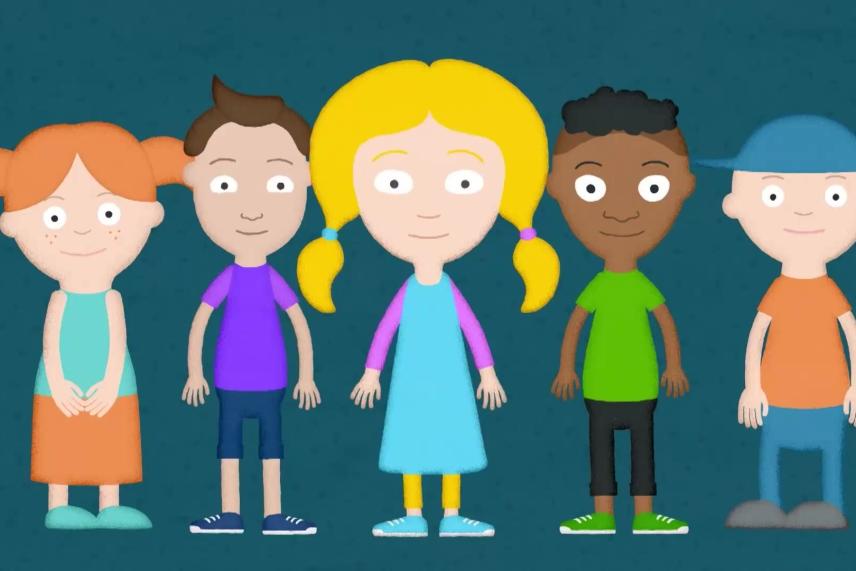 Illustratie van vijf kinderen op een rij, ze lachen