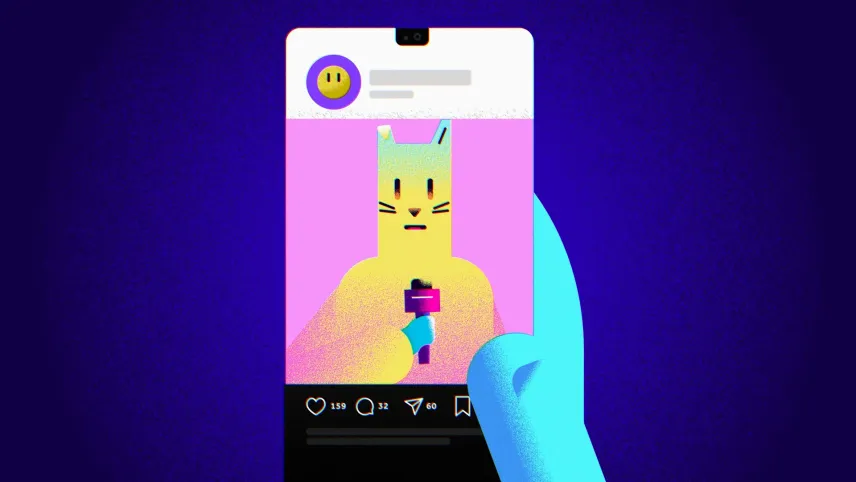 Illustratie van hand die smartphone vasthoudt waarop een katachtig figuur een microfoon vasthoudt in iemands timeline op social media.