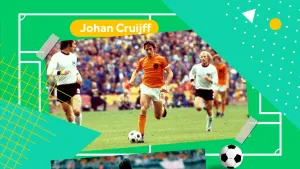 Illustratie van voetbalveld met foto van Johan Cruijff in actie op het voetbalveld in oranjetenue.