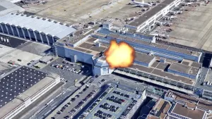 Foto van vliegveld met ontploffing erin getekend.