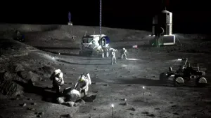 Foto van schets over hoe de nieuwe missie op de maan eruit gaat zien