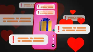 Illustratie van smartphone waarop meldingen binnenkomen en een cadeautje staat afgebeeld. Eromheen staan onleesbare berichtjes en rode hartjes.