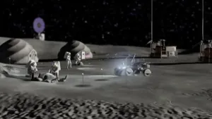 Animatie van een basis met maanvoertuigen en koepels op de maan.