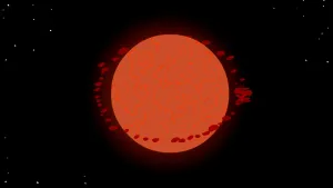 Illustratie van de aarde als een rode planeet met daarom zwevende brokstukken die uiteindelijk de maan vormen (vermoedelijk).