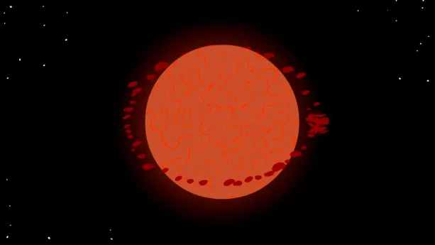 Illustratie van de aarde als een rode planeet met daarom zwevende brokstukken die uiteindelijk de maan vormen (vermoedelijk).